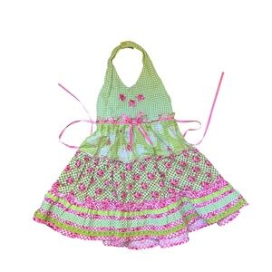 Y2K Multi-Print Gingham & Rose Tiered Halter Cotton Dress 3T